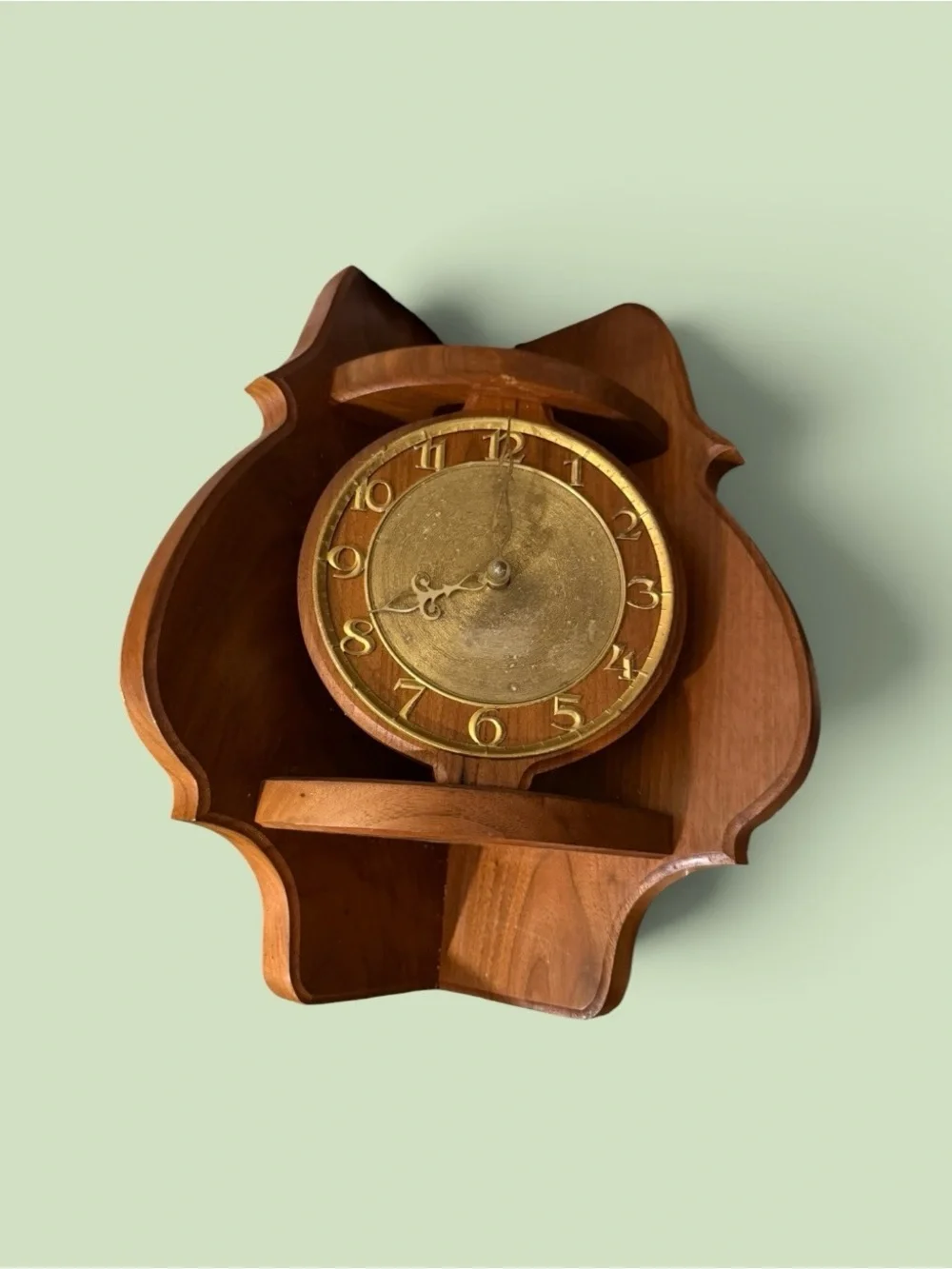 Vintage~Wood Wall Corner Clock~Analog~Gold Tone Face~Mid-Century Modern